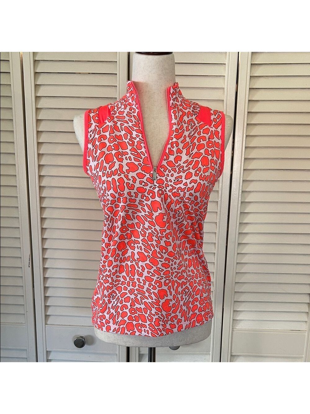 Sleeveless Coral Animal-Print Zip-Front Tank Top | Size XS